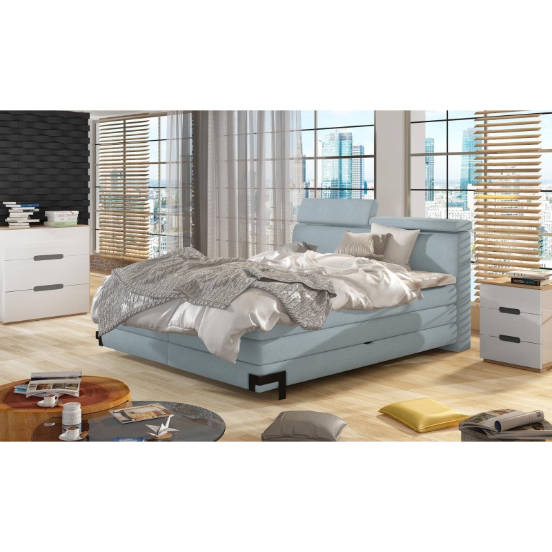 Łóżko tapiceowane z pojemnikiem i regulowanym zagłówkiem Sandor