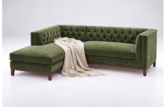 Narożnik chesterfield Mezo 260 x 190 cm w oliwkowym welurze na ciemnej drewnianej ramie