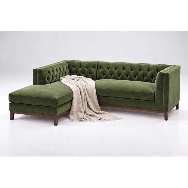 Narożnik chesterfield Mezo 260 x 190 cm w oliwkowym welurze na ciemnej drewnianej ramie Narożnik chesterfield Mezo 260 x 190 cm w oliwkowym welurze na ciemnej drewnianej ramie