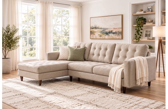 Narożnik chesterfield w stylu skandynawskim Martina w jasnym salonie z dużymi oknami
