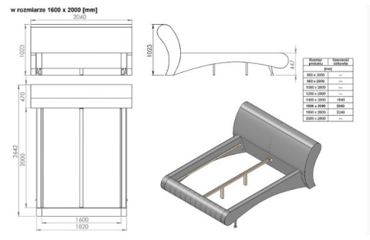 Schemat łóżka i jego wymiary 