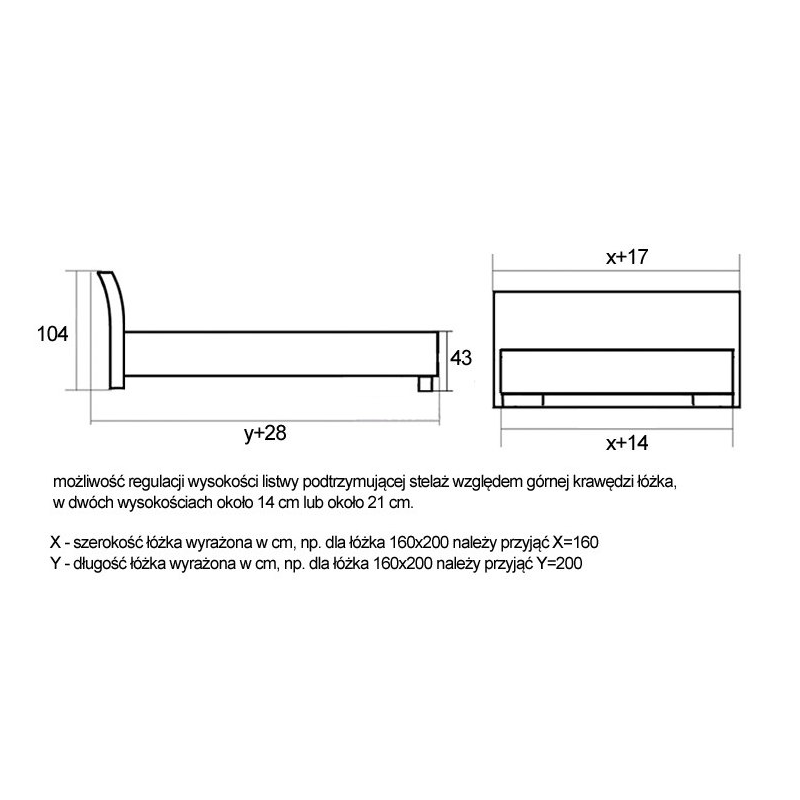 Schemat z wymiarami łózka Kent 
