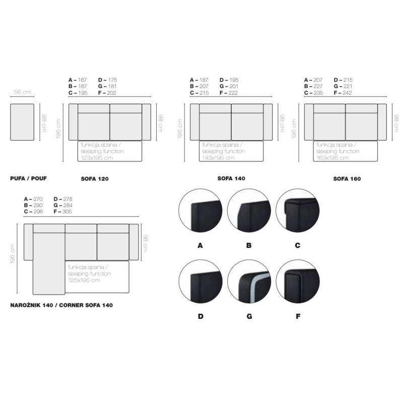 Wymiary modułów narożnika