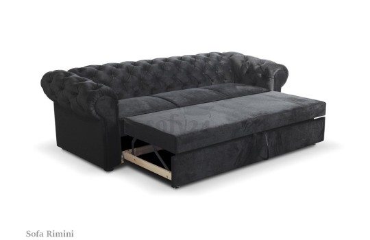 Czarna sofa chesterfield Rimini 252 cm wyposażona w funkcje spania