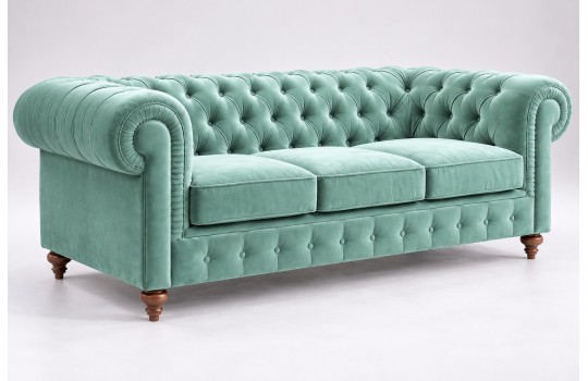 Kanapa Chesterfield Globo 220 cm w miętowym obiciu z pikowaniem na guzikach i toczonymi nogami