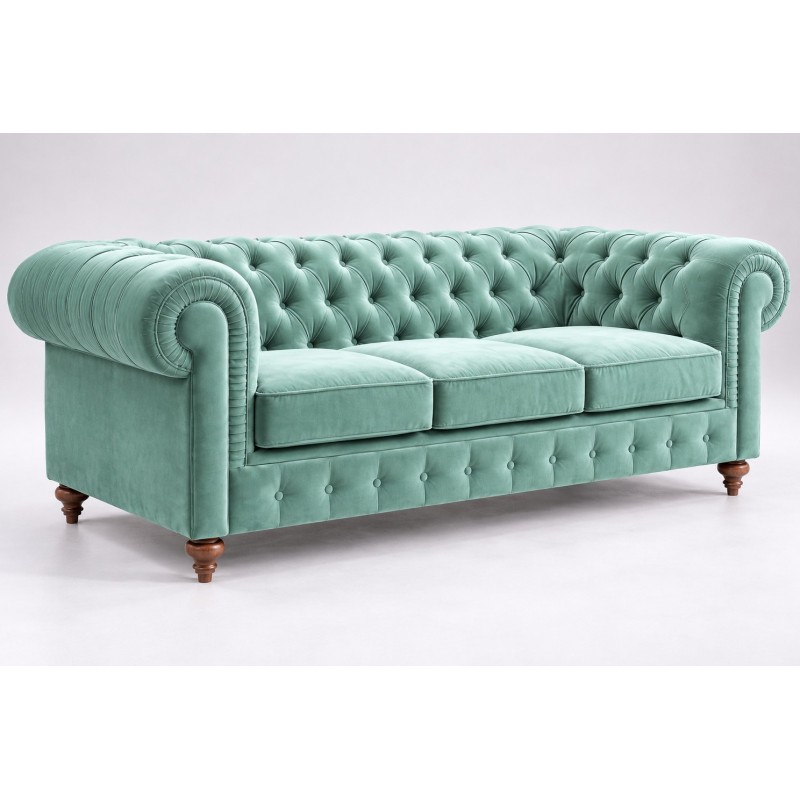 Kanapa Chesterfield Globo 220 cm w miętowym obiciu z pikowaniem na guzikach i toczonymi nogami Kanapa Chesterfield Globo 220 cm w miętowym obiciu z pikowaniem na guzikach i toczonymi nogami