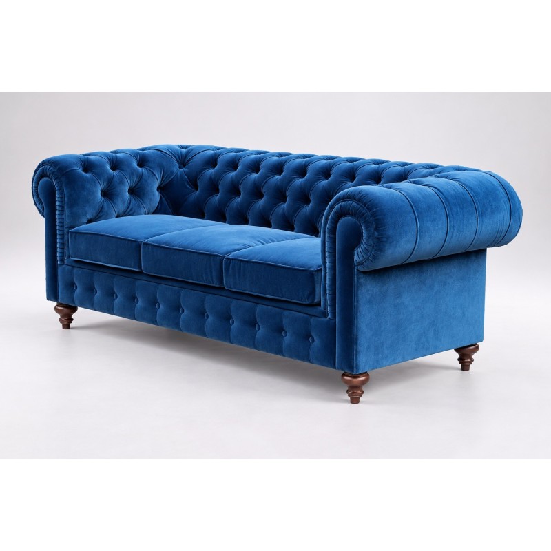 Kobaltowa kanapa Chesterfield Globo 220 cm z szerokimi zaokrąglonymi podłokietnikami Kobaltowa kanapa Chesterfield Globo 220 cm z szerokimi zaokrąglonymi podłokietnikami