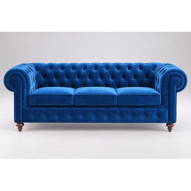 Kanapa Chesterfield Globo 220 cm w kobaltowym obiciu, widok z przodu na trzy siedziska Kanapa Chesterfield Globo 220 cm w kobaltowym obiciu, widok z przodu na trzy siedziska