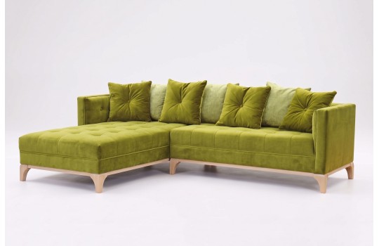 Narożnik chesterfield Simple w oliwkowym welurze, ujęcie z boku