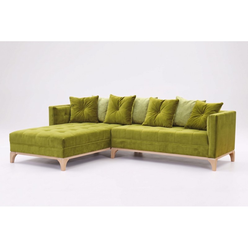Narożnik chesterfield Simple w oliwkowym welurze, ujęcie z boku
