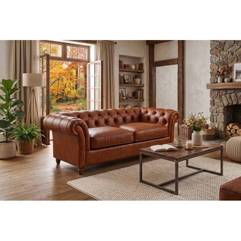 Sofa Brandford w brązowej skórze w salonie z kominkiem i drewnianym stolikiem