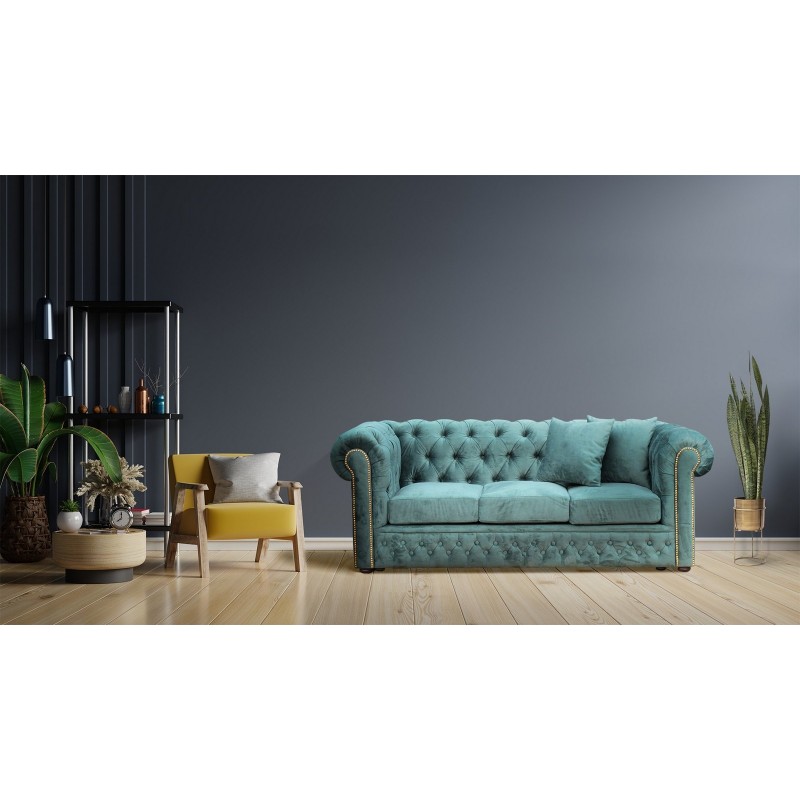 Sofa w stylu chesterfield Foster z szerokimi bokami w zielonej tkaninie