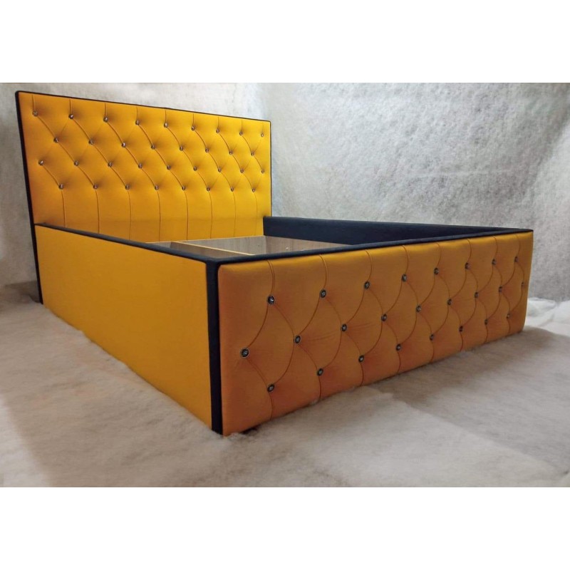 Żółte łóżko tapicerowane z pojemnikiem Elise 