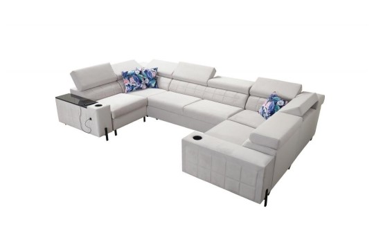 sofa z czarnymi półkami 