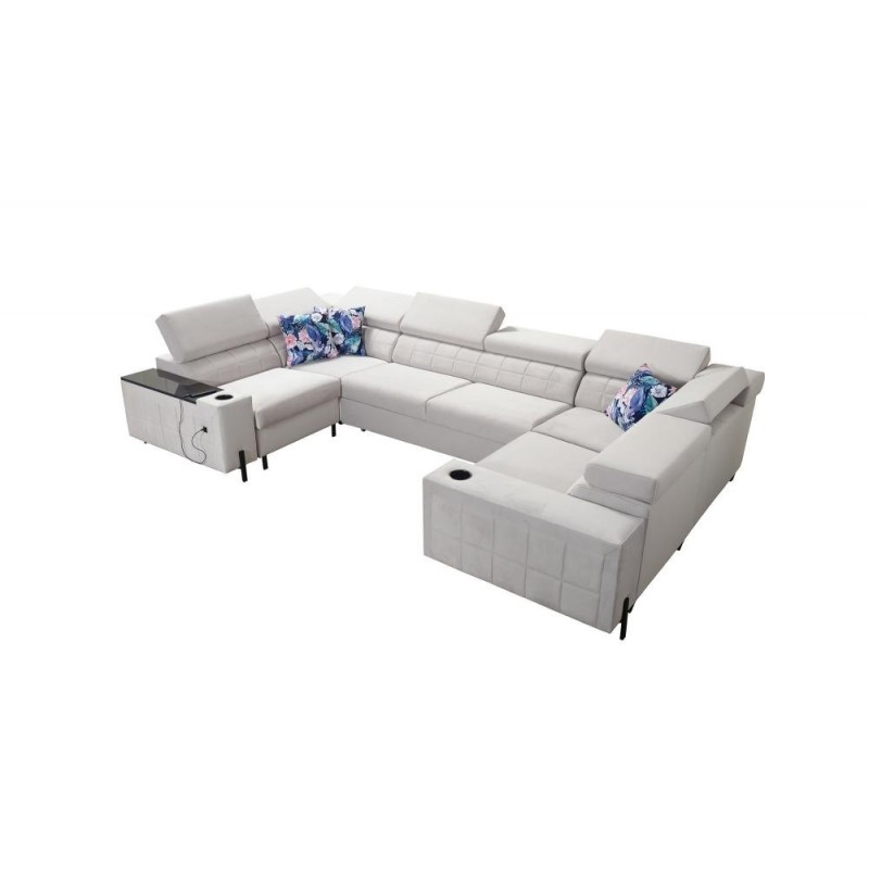 sofa z czarnymi półkami 