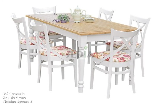 Stół dębowy w stylu prowansalskim i 6 krzeseł w kwiecistej tkaninie Suzane 3