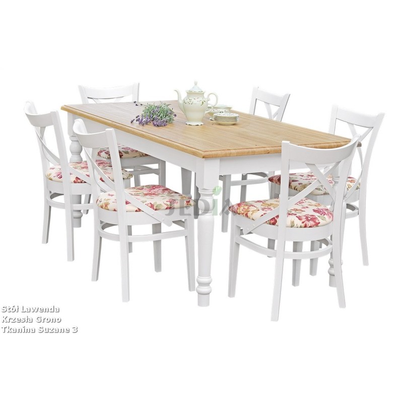 Stół dębowy w stylu prowansalskim i 6 krzeseł w kwiecistej tkaninie Suzane 3