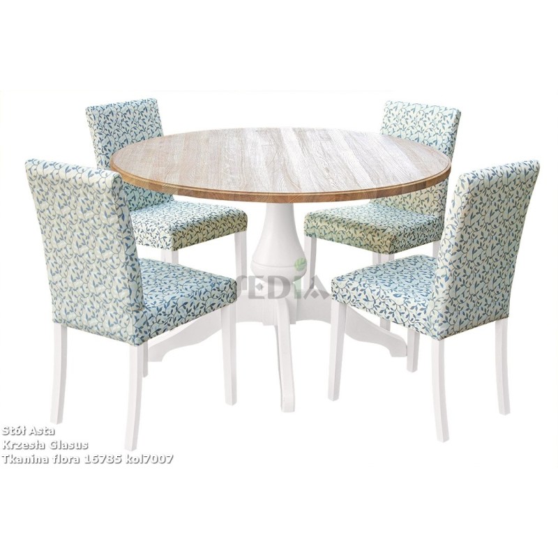 Stół dębowy z 4 krzesłami tapicerowanymi