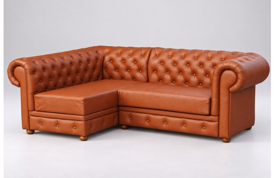 Narożnik chesterfield Manila 220 x 155 cm w koniakowej skórze, krótszy bok po lewej Narożnik chesterfield Manila 220 x 155 cm w koniakowej skórze, krótszy bok po lewej