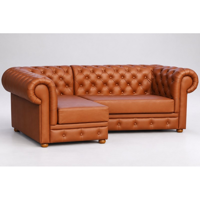 Narożnik chesterfield Manila z boku: pikowane oparcie i zaokrąglony podłokietnik Narożnik chesterfield Manila z boku: pikowane oparcie i zaokrąglony podłokietnik