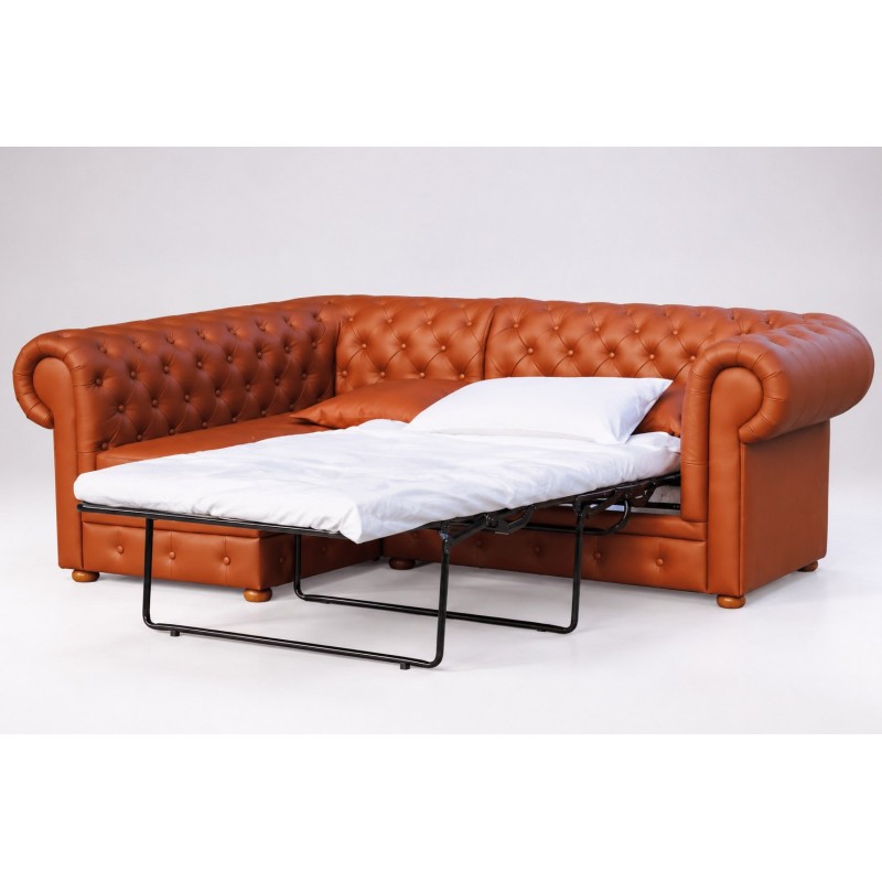 Narożnik chesterfield Manila rozłożony do spania na belgijce, z pościelą Narożnik chesterfield Manila rozłożony do spania na belgijce, z pościelą