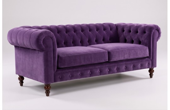 Fioletowa sofa chesterfield Arbela 235 cm z pikowanym oparciem i dwoma siedziskami Fioletowa sofa chesterfield Arbela 235 cm z pikowanym oparciem i dwoma siedziskami