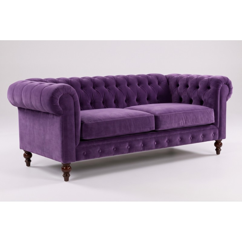 Fioletowa sofa chesterfield Arbela 235 cm z pikowanym oparciem i dwoma siedziskami Fioletowa sofa chesterfield Arbela 235 cm z pikowanym oparciem i dwoma siedziskami