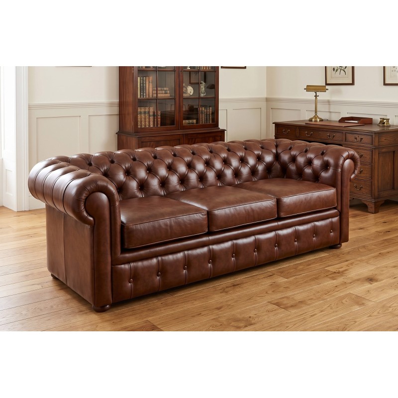 Brązowa skórzana sofa chesterfield Duero z trzema siedziskami Brązowa skórzana sofa chesterfield Duero z trzema siedziskami