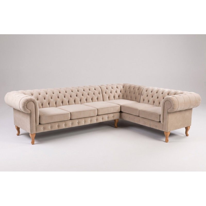 Beżowy pikowany narożnik chesterfield Oliwer na drewnianych nóżkach Beżowy pikowany narożnik chesterfield Oliwer na drewnianych nóżkach
