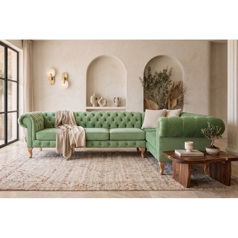 Narożnik chesterfield glamour Oliwer w szałwiowym welurze w jasnym salonie z łukowymi wnękami Narożnik chesterfield glamour Oliwer w szałwiowym welurze w jasnym salonie z łukowymi wnękami