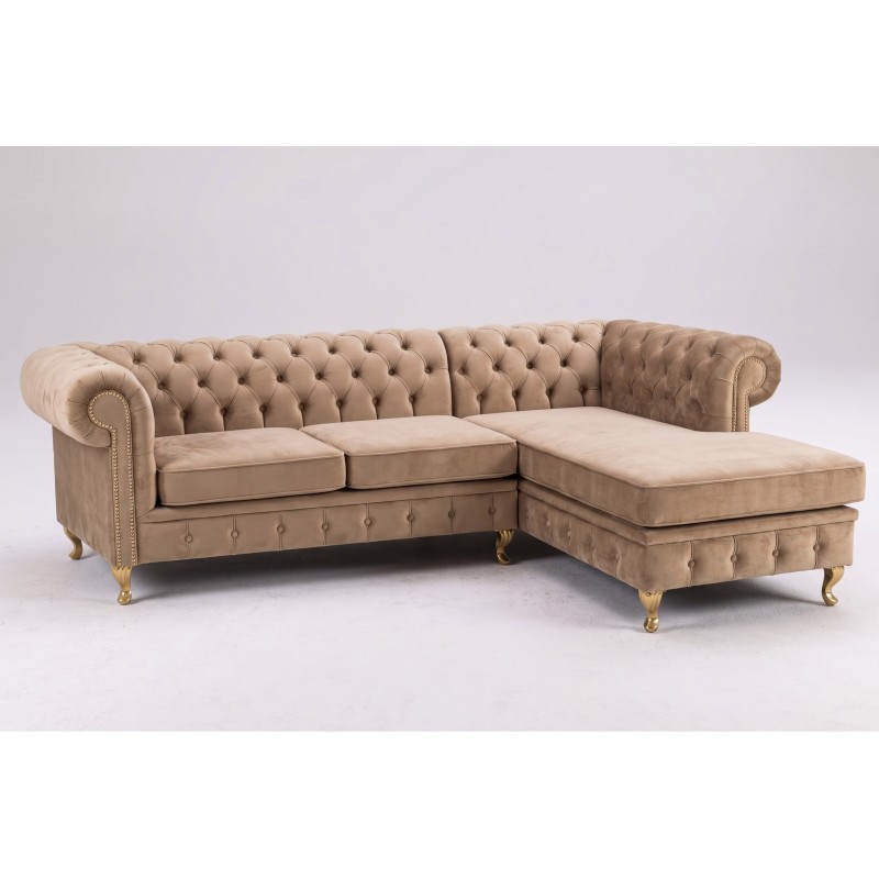 Kanapa chesterfield z szezlongiem Oliwer 2 w beżowym welurze na złotych nóżkach Kanapa chesterfield z szezlongiem Oliwer 2 w beżowym welurze na złotych nóżkach