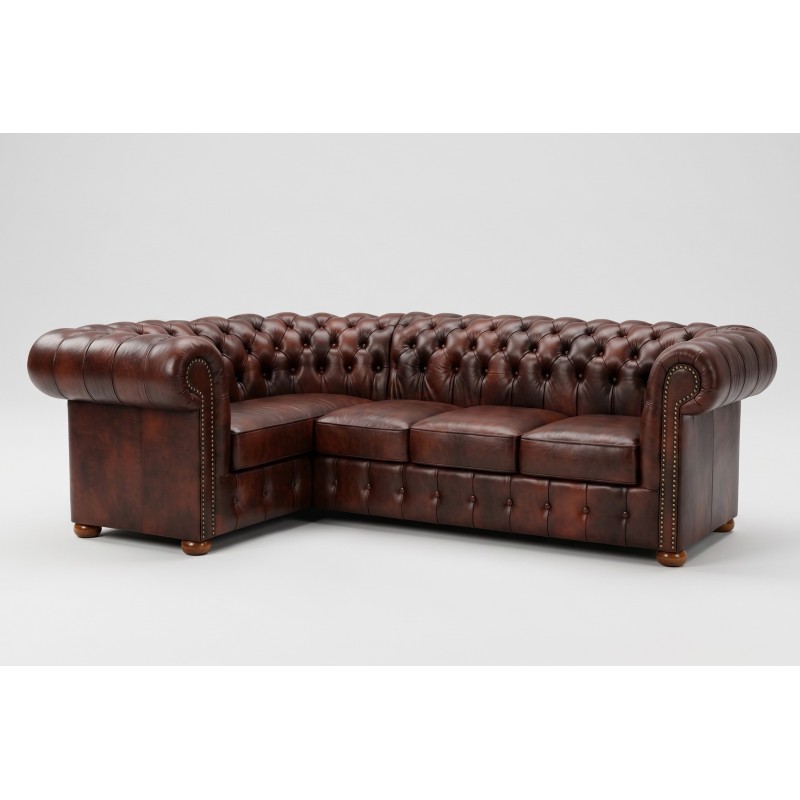 Narożnik chesterfield Noble z krótszym ramieniem w brązowej skórze Narożnik chesterfield Noble z krótszym ramieniem w brązowej skórze