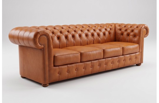 Duża sofa chesterfield Noble z czterema siedziskami w koniakowej skórze Duża sofa chesterfield Noble z czterema siedziskami w koniakowej skórze