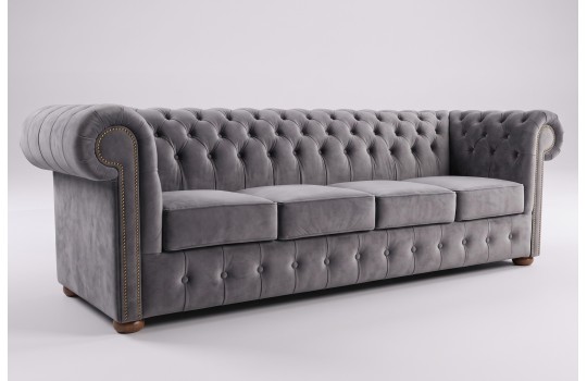 Czteroosobowa sofa chesterfield Noble w szarym welurze Czteroosobowa sofa chesterfield Noble w szarym welurze