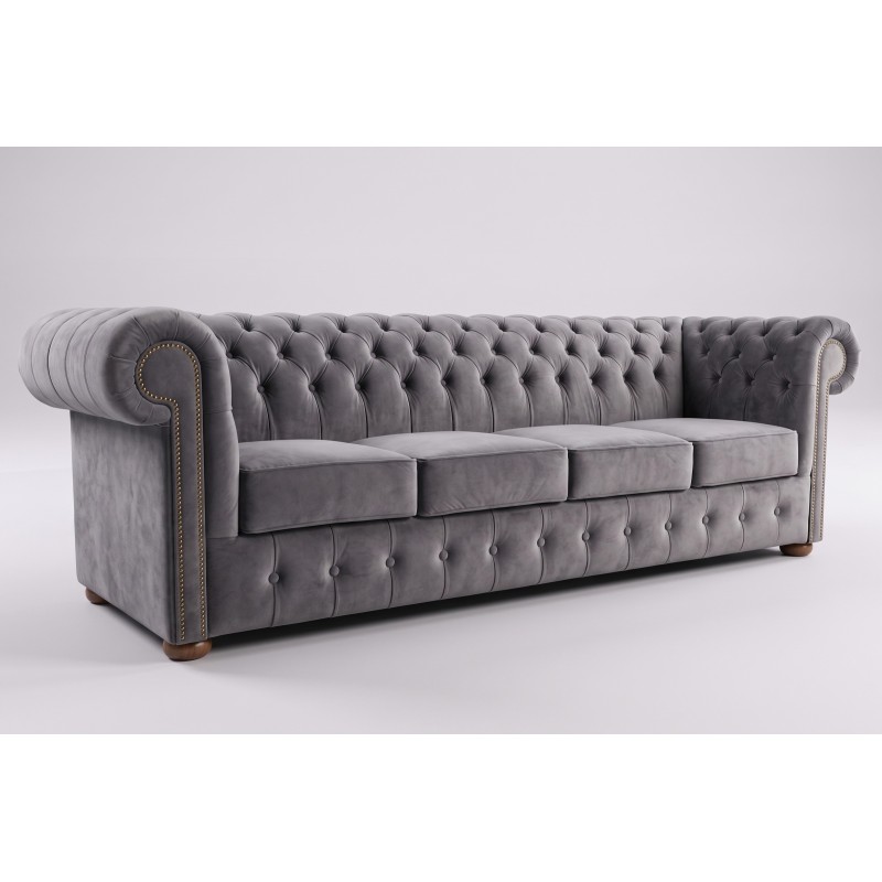 Czteroosobowa sofa chesterfield Noble w szarym welurze Czteroosobowa sofa chesterfield Noble w szarym welurze
