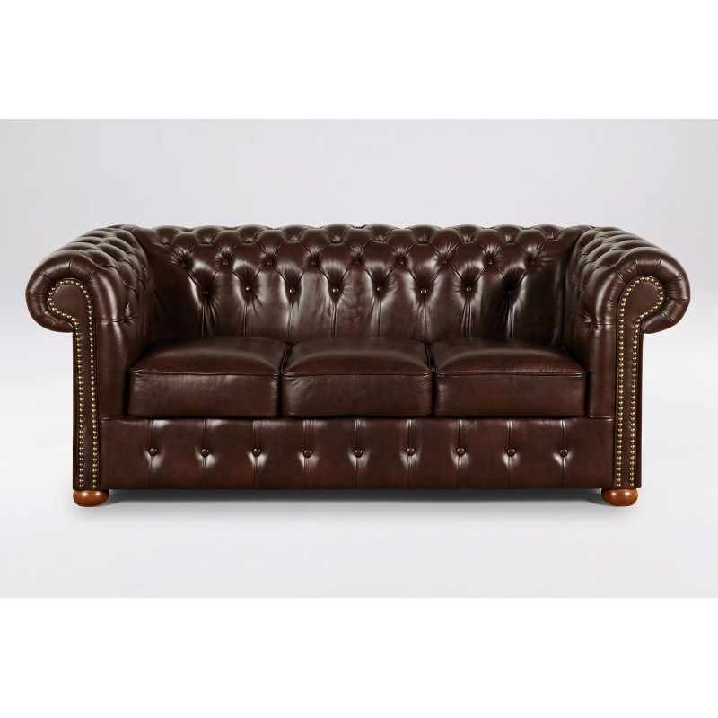 Sofa chesterfield Noble w ciemnobrązowej skórze z połyskiem Sofa chesterfield Noble w ciemnobrązowej skórze z połyskiem