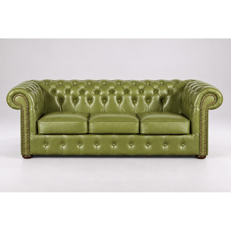 Trzyosobowa sofa Noble z tej samej kolekcji w oliwkowej skórze Trzyosobowa sofa Noble z tej samej kolekcji w oliwkowej skórze