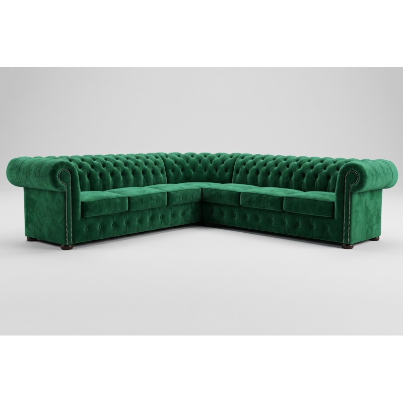 Symetryczny narożnik chesterfield Noble 280 x 280 cm w zielonym welurze Symetryczny narożnik chesterfield Noble 280 x 280 cm w zielonym welurze