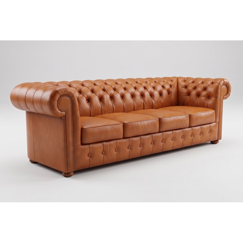 Czteroosobowa sofa chesterfield Noble w jasnej koniakowej skórze Czteroosobowa sofa chesterfield Noble w jasnej koniakowej skórze