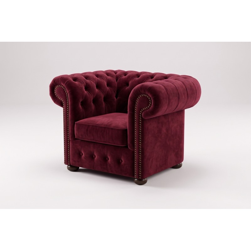 Fotel chesterfield Noble w bordowym welurze z tej kolekcji Fotel chesterfield Noble w bordowym welurze z tej kolekcji