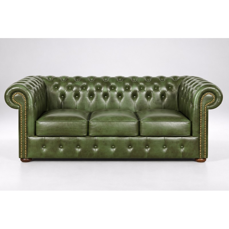 Trzyosobowa kanapa chesterfield Noble XL w zielonej skórze
