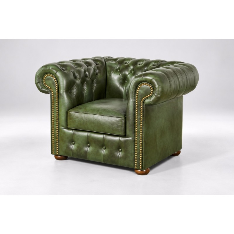 Zielony fotel chesterfield Noble XL 115 cm w skórze naturalnej