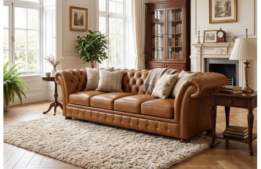 Gustowna sofa Chesterfield Wonder – koniakowa skóra, pikowane oparcie i ćwieki w salonie