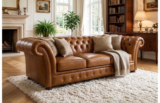 Trzyosobowa sofa Chesterfield Wonder – koniakowa skóra, pikowane oparcie i ćwieki w salonie
