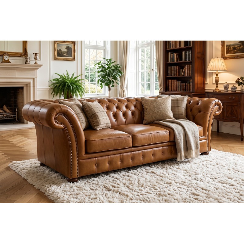Trzyosobowa sofa Chesterfield Wonder – koniakowa skóra, pikowane oparcie i ćwieki w salonie