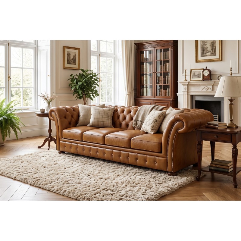 Ekskluzywny fotel Chesterfield Wonder – komplet z sofą w koniakowej skórze, jasny salon Ekskluzywny fotel Chesterfield Wonder – komplet z sofą w koniakowej skórze, jasny salon
