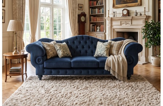 Trzyosobowa sofa glamour Elizabeth 200 cm z tej samej kolekcji w granatowym obiciu przy kominku Trzyosobowa sofa glamour Elizabeth 200 cm z tej samej kolekcji w granatowym obiciu przy kominku