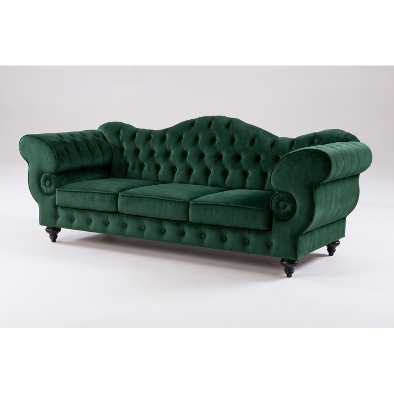 Zielona sofa glamour Elizabeth w dłuższej wersji 200 cm, zdjęcie na jasnym tle Zielona sofa glamour Elizabeth w dłuższej wersji 200 cm, zdjęcie na jasnym tle