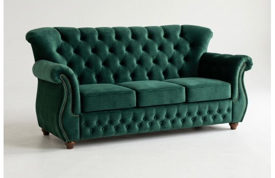 Sofa chesterfield z wysokim oparciem James 190 cm w zielonym welurze z ćwiekami na podłokietnikach