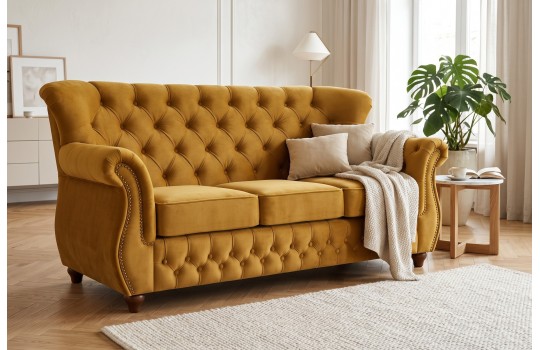 Musztardowa sofa chesterfield James w dłuższej wersji 190 cm z tej samej kolekcji Musztardowa sofa chesterfield James w dłuższej wersji 190 cm z tej samej kolekcji